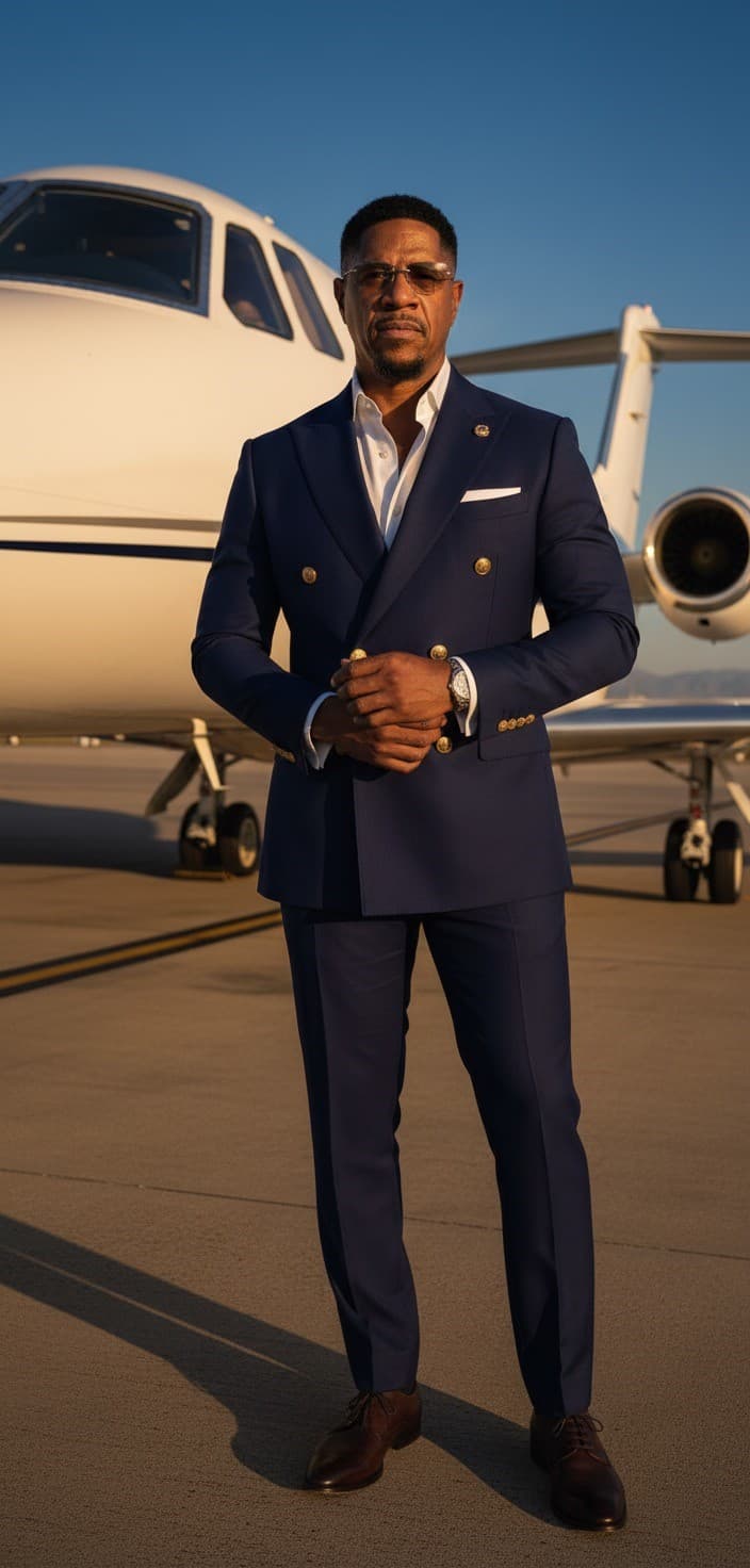 Man in navy double-breasted suit standing on a tarmac in front of a private jet.